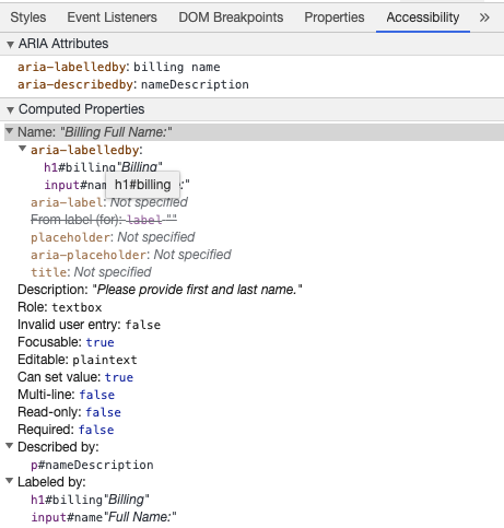 Las herramientas de desarrollo de Chrome muestran el nombre accesible de aria-labelledby y la descripción con aria-describedby