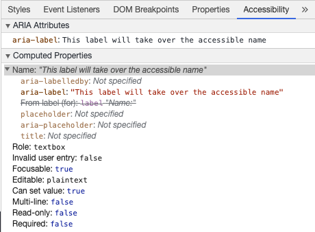 Las herramientas de desarrollo de Chrome muestran el nombre accesible de aria-label