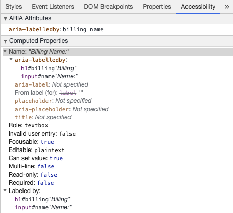 Las herramientas de desarrollo de Chrome muestran el nombre accesible de aria-labelledby